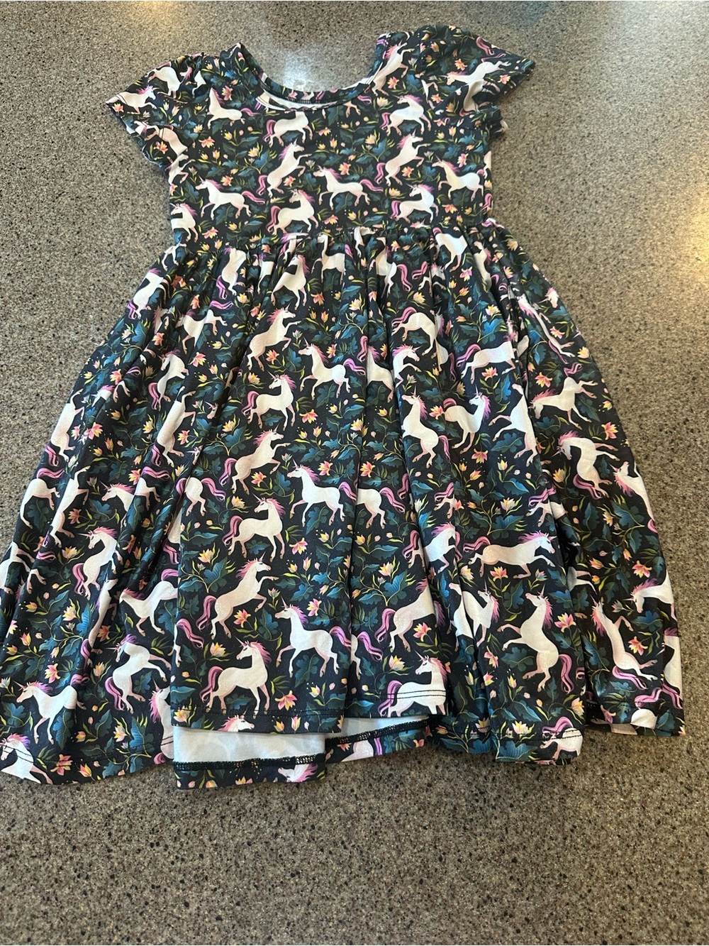 Girls Unicorn Print Knit Dress in Black and Multicolor